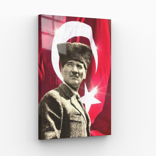 Atatürk ve Türk Bayrağı Baskılı Lüks Cam Tablo 55x85